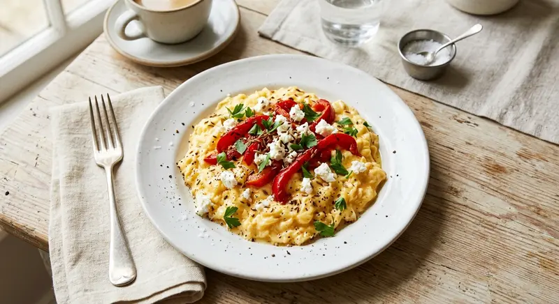 Roerei met geroosterde paprika, feta en komijn