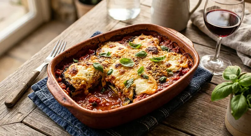 Melanzane van aubergine en courgette met buffelmozzarella