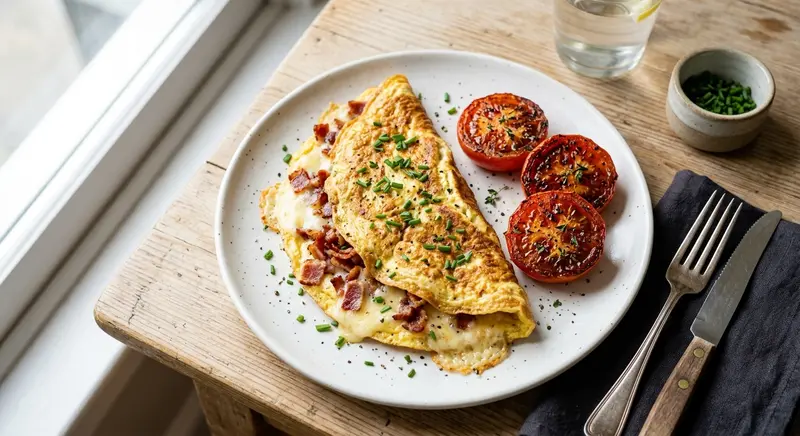 Omelet met krokant spek, gebakken tomaat en gruyère