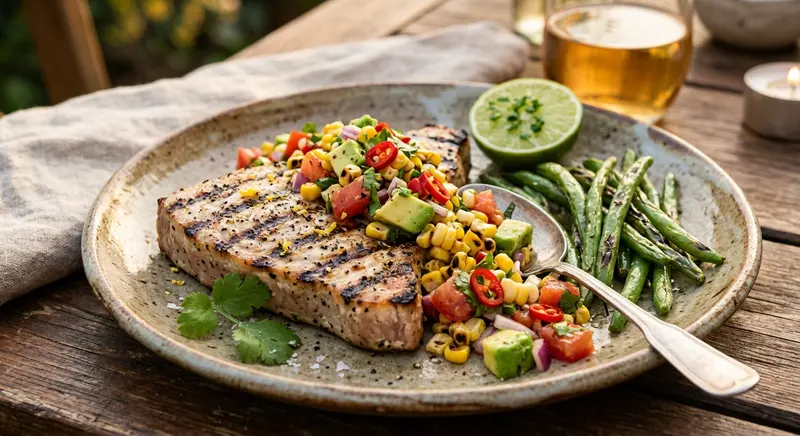 Gegrilde zwaardvis met salsa van mais, tomaat en koriander