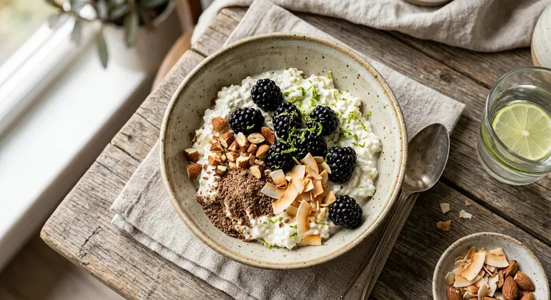 Cottage cheese met bramen, geroosterde amandel en limoenrasp