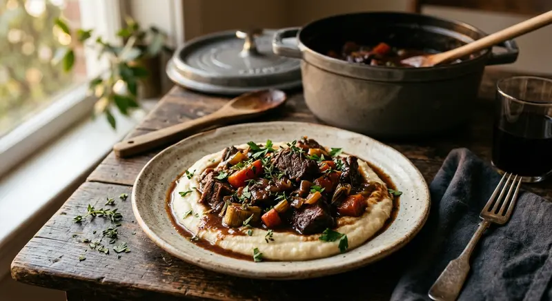 Runderstoof met rode wijn, prei en knolselderijpuree