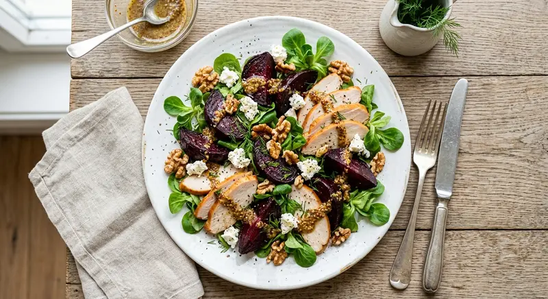 Salade van geroosterde bietjes met gerookte kip en mosterddressing