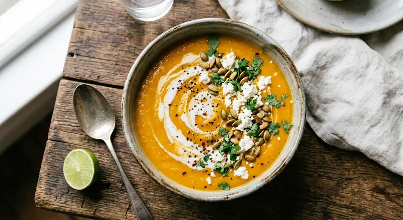 Pompoen-kokossoep met geroosterde pompoenpitten en feta