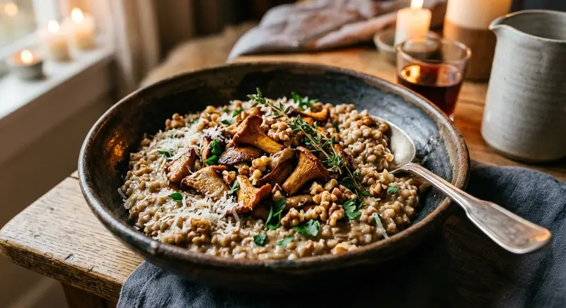 Boekweitrisotto met bospaddenstoelen en Parmezaan