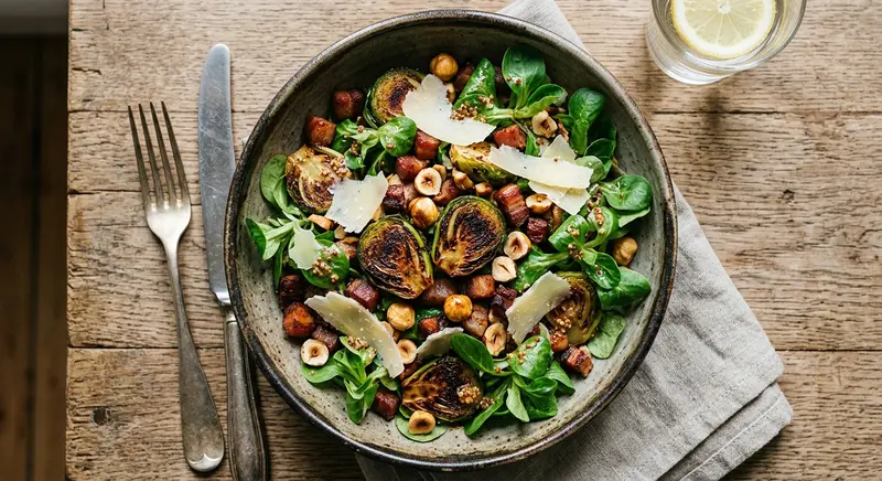 Warme spruitjessalade met krokante pancetta en hazelnoot