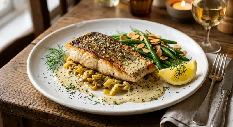 Snoekbaars met gesmoorde prei en mosterdsaus