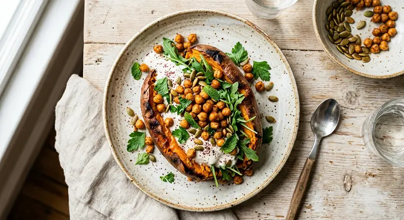 Gepofte zoete aardappel met kruidige kikkererwten en yoghurt-tahin