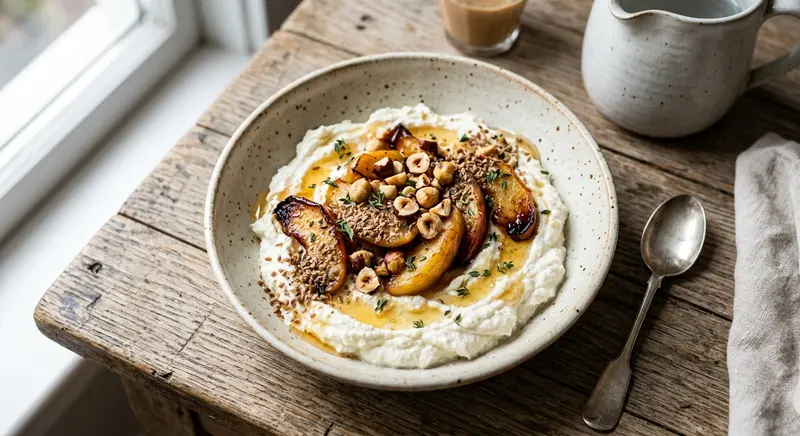 Ricotta met geroosterde appel, hazelnoot en tijm