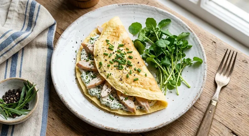 Omelet met gerookte kipfilet, dragon en roomkaas