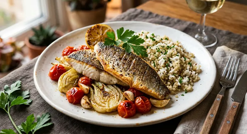Gebakken zeebaars met geroosterde venkel, cherrytomaat en quinoa