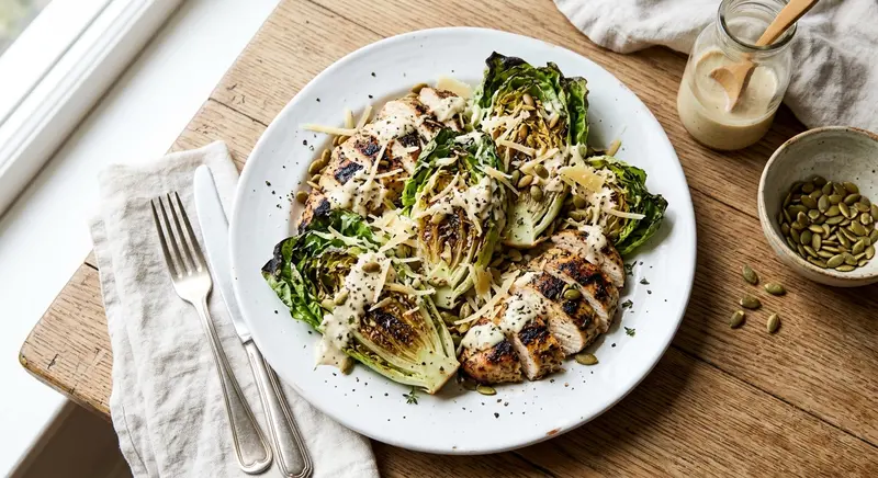 Gegrilde kipsalade met little gem, ansjovisdressing en Parmezaan