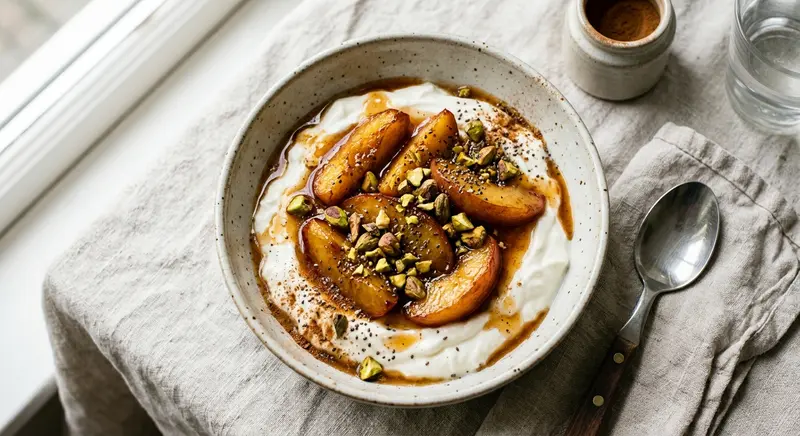 Skyr met gebakken nectarine, pistache en vanille