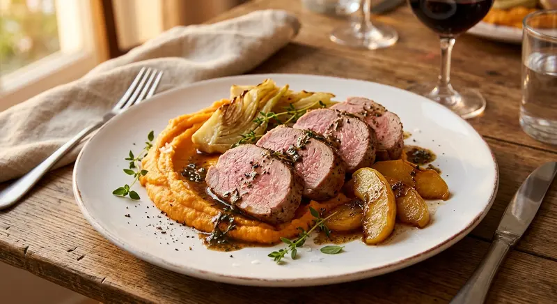 Varkenshaas met gesmoorde venkel, appel en zoete-aardappelpuree