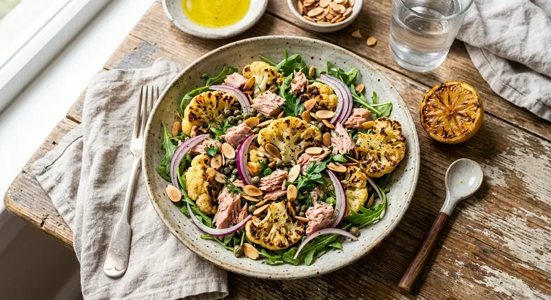 Geroosterde bloemkoolsalade met tonijn, kappertjes en citroen