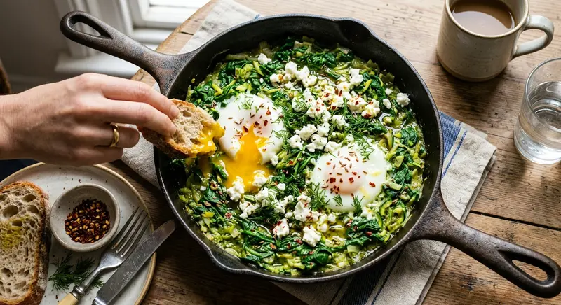 Groene shakshuka met spinazie, feta en komijn
