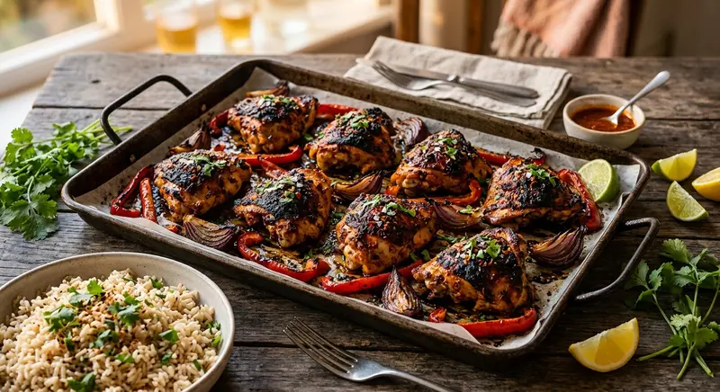 Kip piri-piri met geroosterde paprika, rode ui en zilvervliesrijst