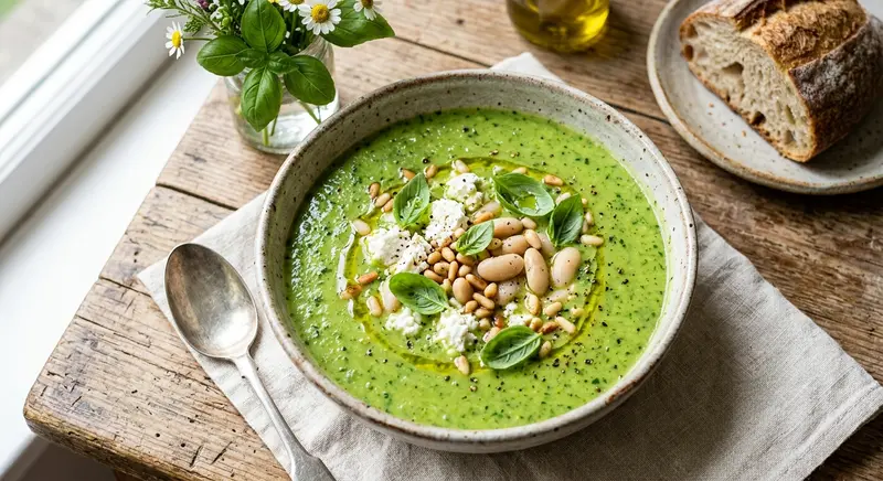 Courgettesoep met basilicum, witte bonen en geitenkaas