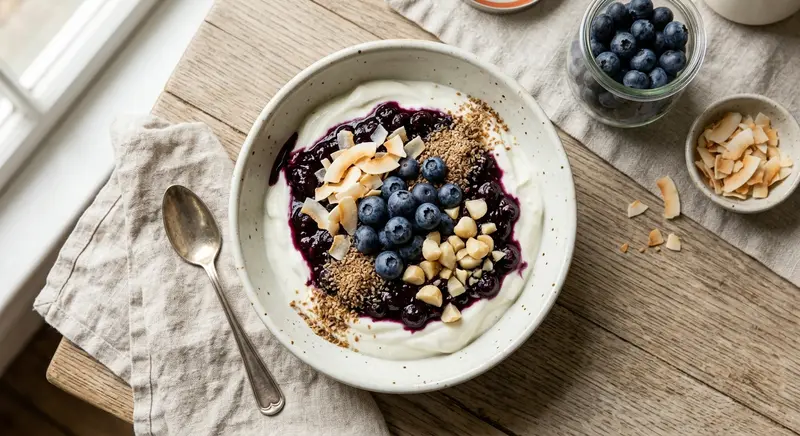 Griekse yoghurt met blauwe bessen, geroosterde kokos en lijnzaad