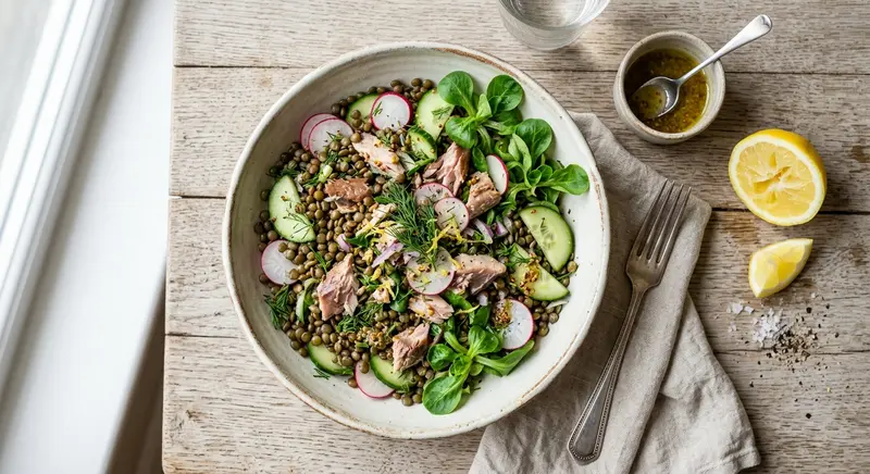 Linzensalade met gerookte makreel, radijs en dille