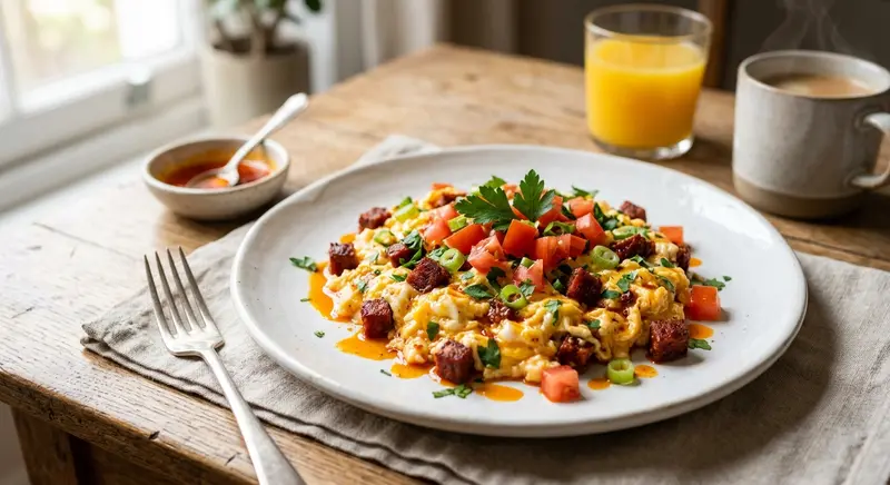 Roerei met chorizo, tomaat en peterselie