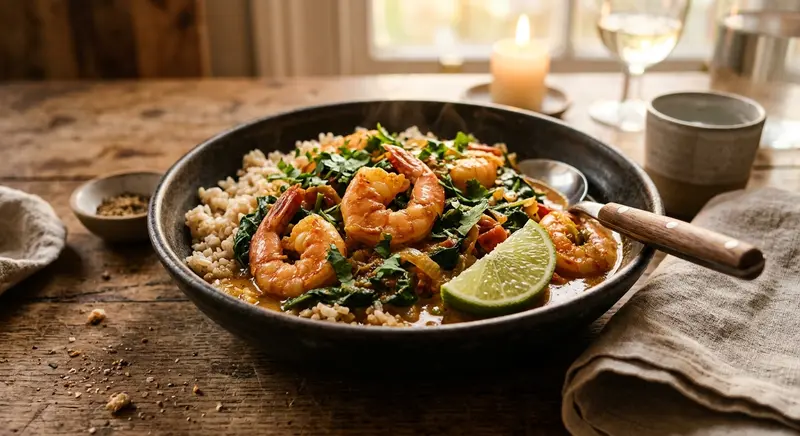 Garnalencurry met kokos, spinazie en zilvervliesrijst