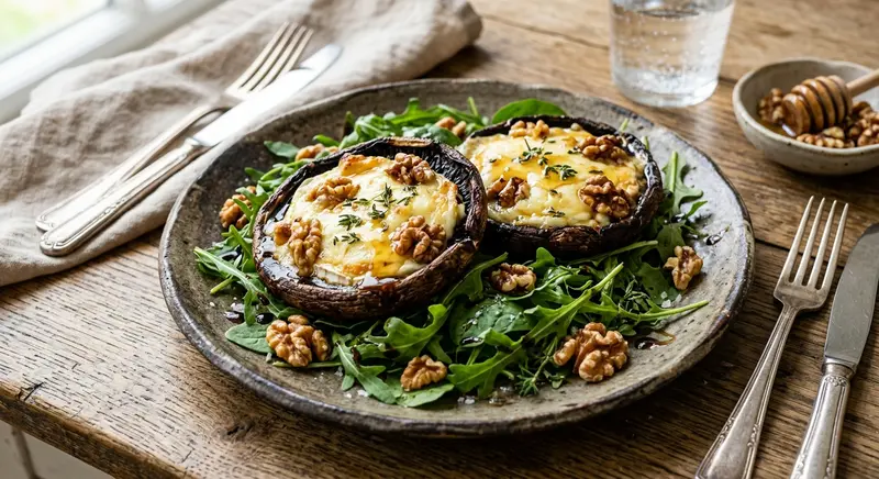 Gevulde portobello's met geitenkaas, walnoot en tijm op rucola