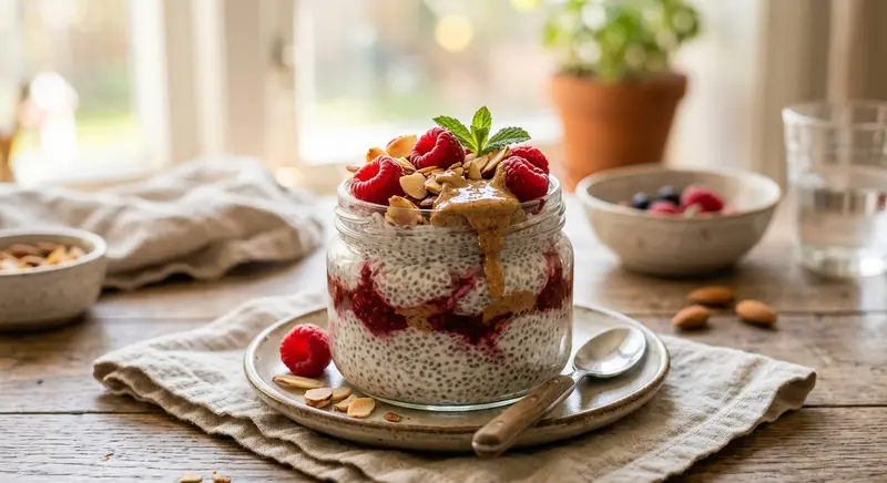 Kokos-chiapudding met framboos en geroosterde amandel