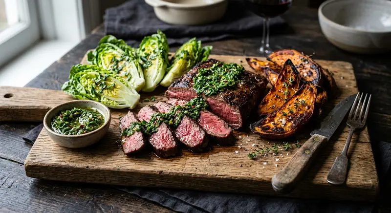 Bavette met chimichurri, geroosterde zoete aardappel en little gem