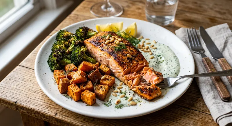 Zalmfilet uit de oven met dille-yoghurt, geroosterde broccoli en zoete aardappel