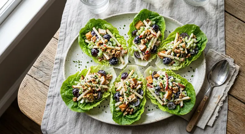 Waldorfsalade met gerookte kip, druiven en walnoot