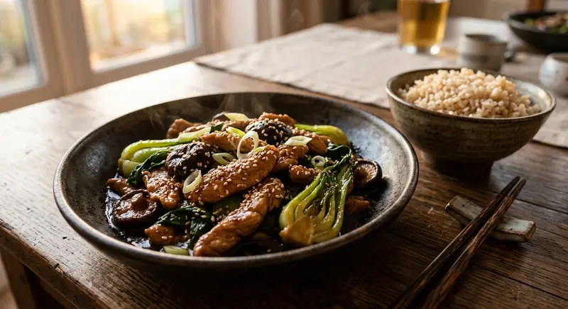 Roergebakken kalkoenreepjes met paksoi, shiitake en zilvervliesrijst