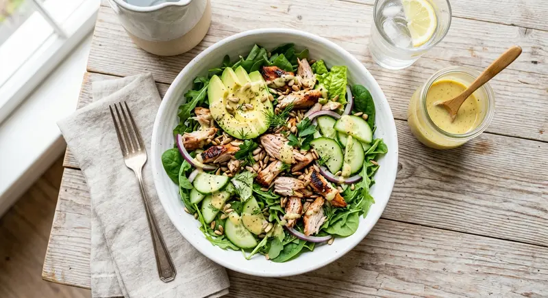 Gerookte-kipsalade met avocado, komkommer en zonnebloempitten