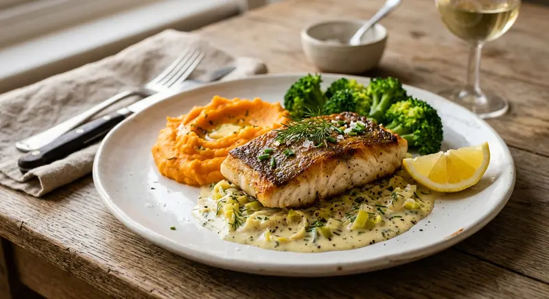 Heekfilet met romige preisaus, broccoli en zoete-aardappelpuree