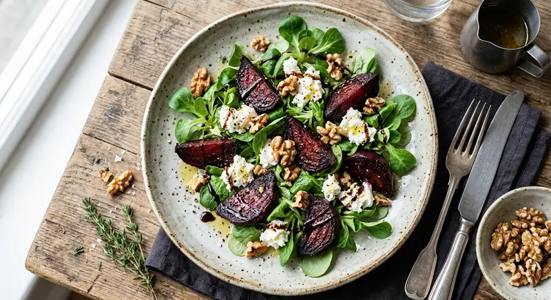 Geroosterde-bietensalade met geitenkaas, walnoot en veldsla