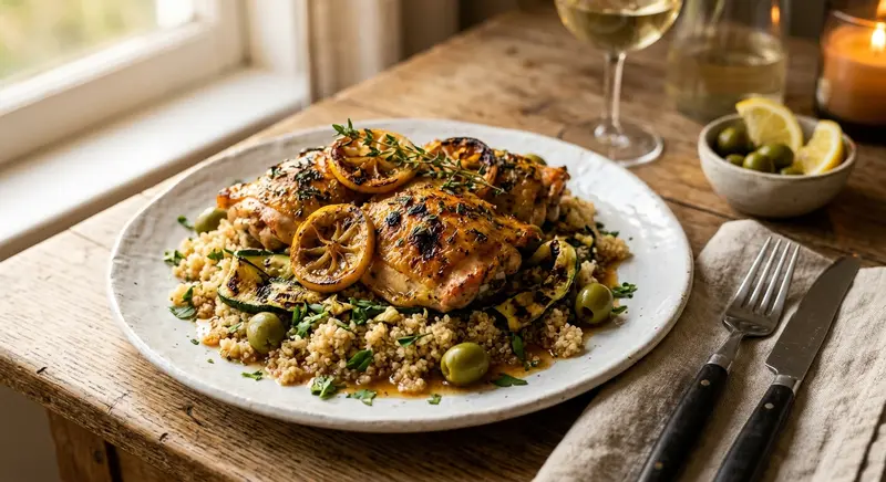 Citroen-tijmkip uit de oven met geroosterde courgette en quinoa
