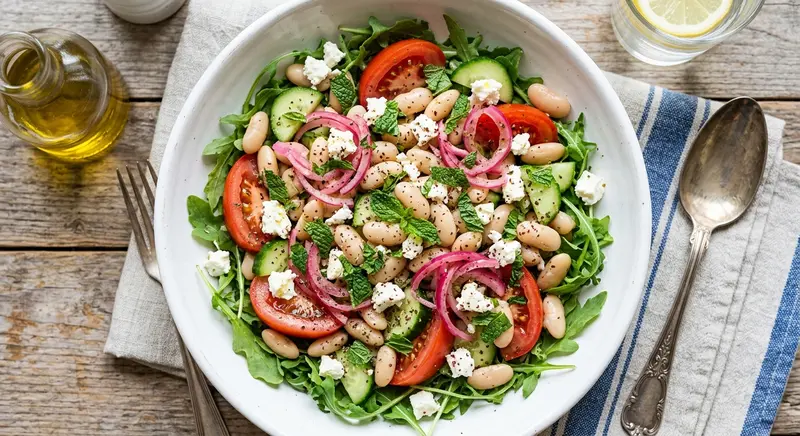 Witte-bonensalade met feta, tomaat, rode ui en oregano