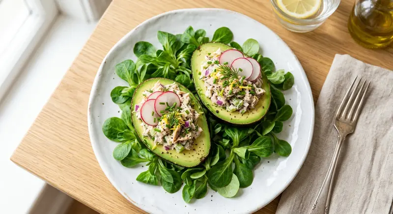Gevulde avocado met gerookte makreel, radijs en bieslook