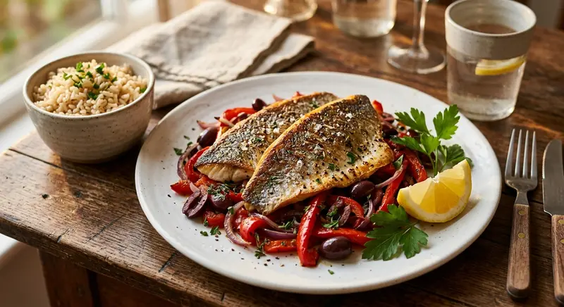 Doradefilet met geroosterde paprika, olijven en zilvervliesrijst