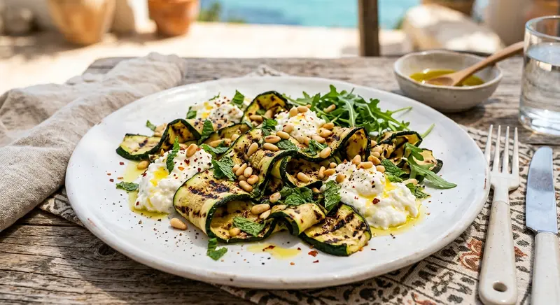 Gegrilde-courgettesalade met ricotta, munt en pijnboompitten