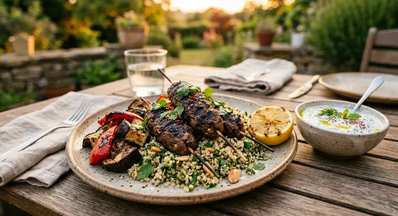 Lamsgehaktspiesjes met tzatziki, geroosterde groenten en quinoa