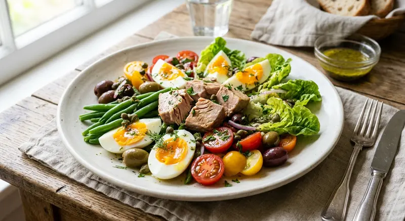 Salade niçoise met tonijn, sperziebonen, ei en olijven