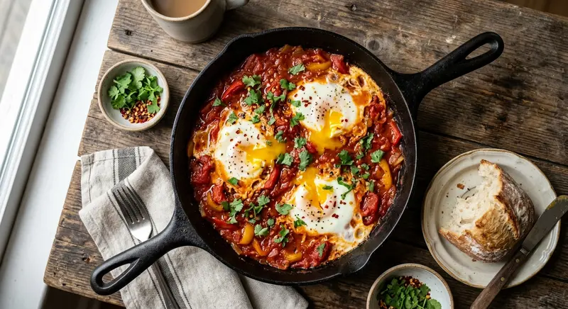 Shakshuka met paprika, tomaat en gepocheerde eieren