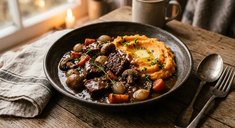 Langzaam gegaarde runderstoof met paddenstoelen, tijm en zoete-aardappelpuree