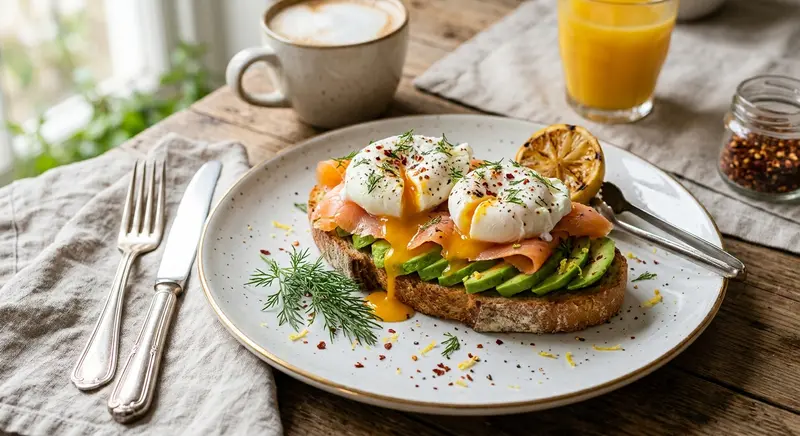 Gepocheerde eieren met gerookte zalm, avocado en citroen