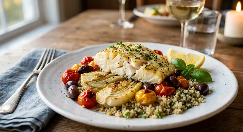 Kabeljauw uit de oven met venkel, cherrytomaat, olijven en quinoa