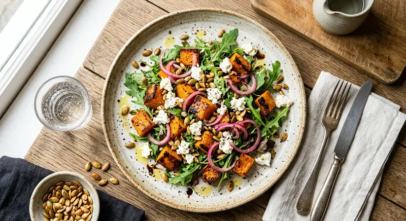 Salade van geroosterde pompoen met feta, pompoenpitten en rucola