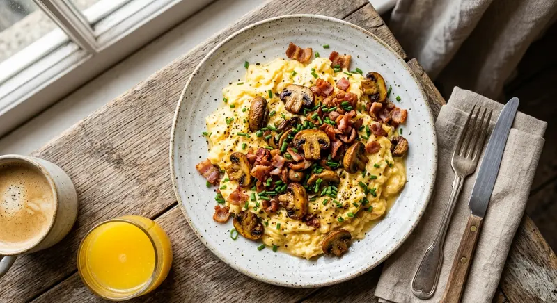 Roerei met kastanjechampignons, spekjes en bieslook