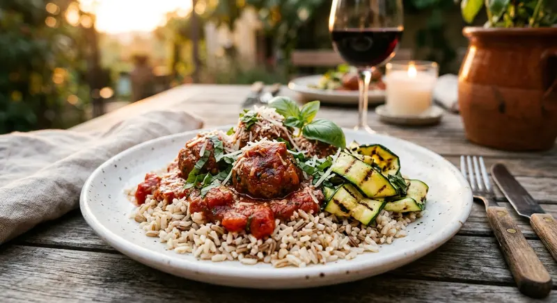 Gehaktballetjes in tomatensaus met gegrilde courgette en zilvervliesrijst
