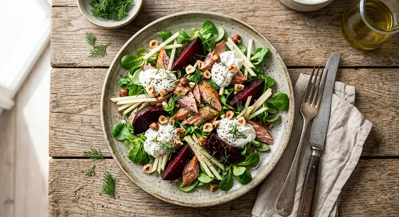 Gerookte-forelsalade met rode biet, appel en mierikswortel